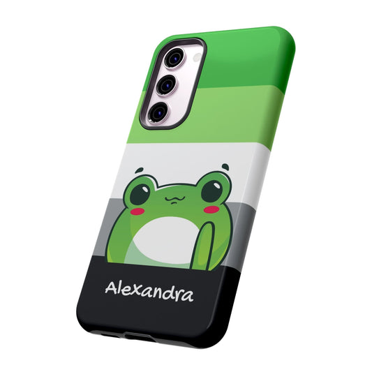 cute aromantic phone case, personalize with name or pronouns, kawaii frog tough case, tilt