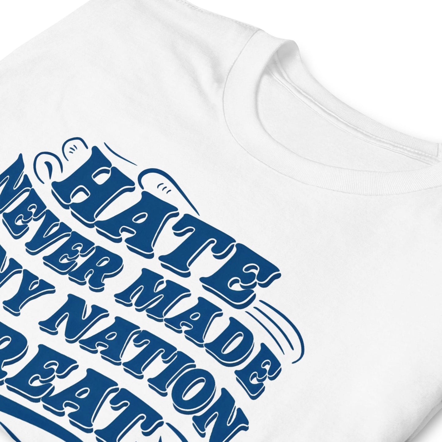 White t-shirt with blue text design on a white background