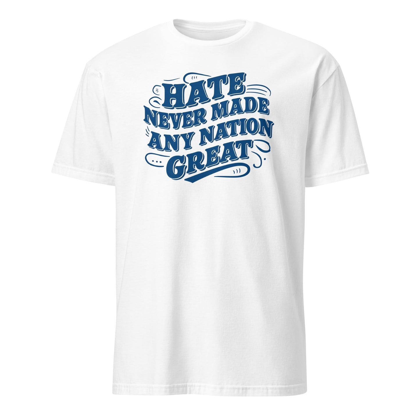 White t-shirt with blue text on a white background