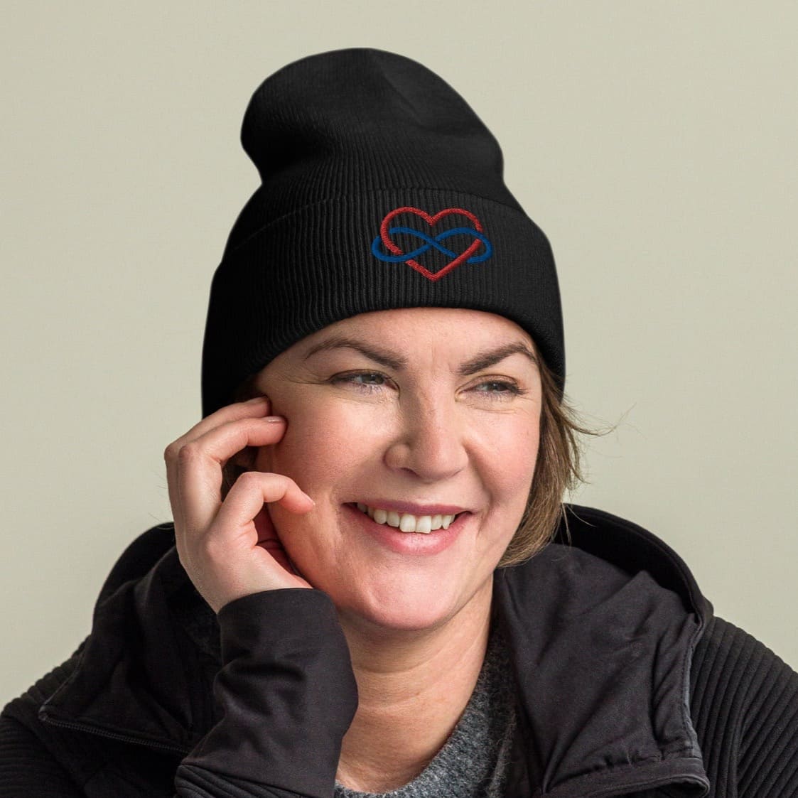 polyamory beanie, embroidered polyamorous hat, in use