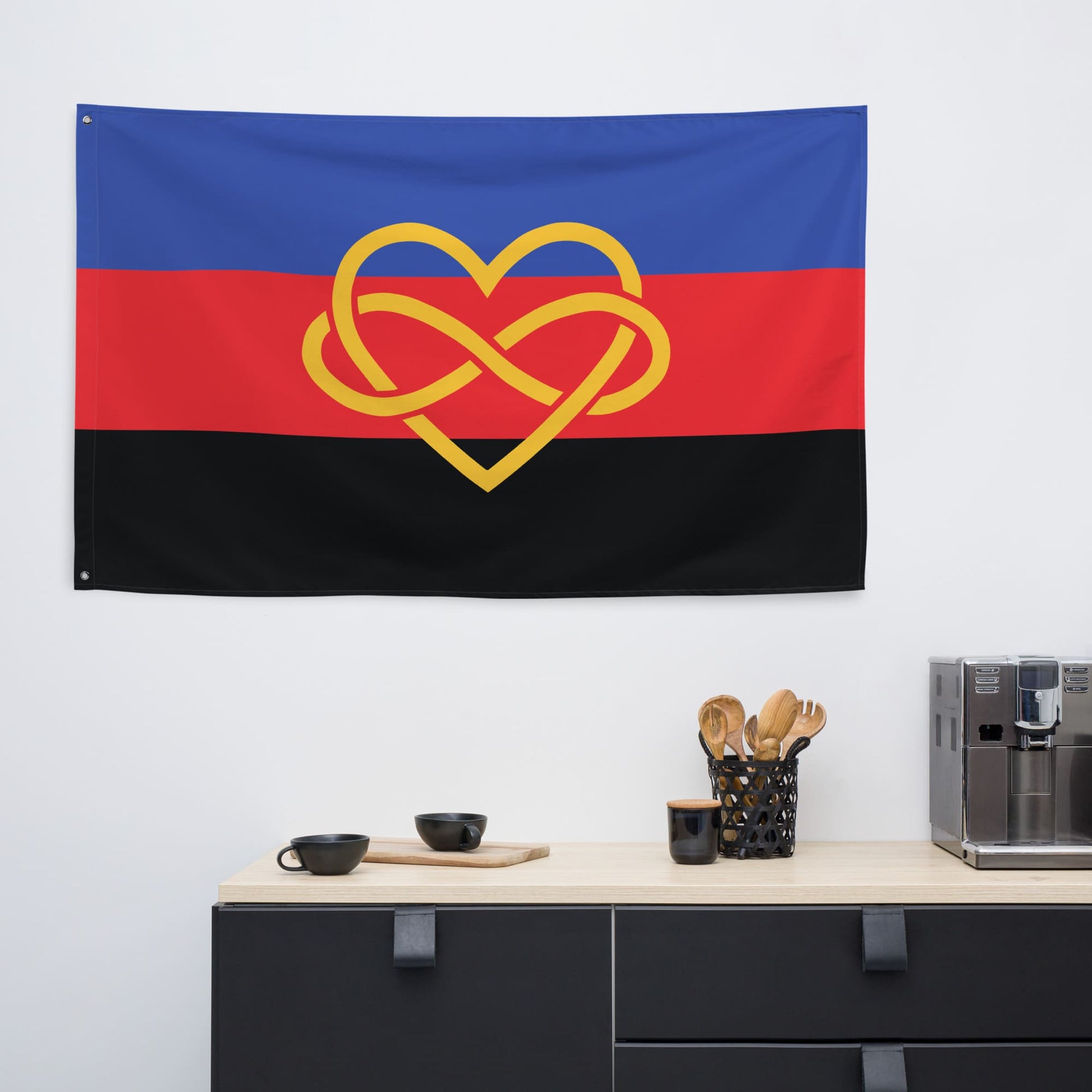 Polyamory flag wall tapestry, in use