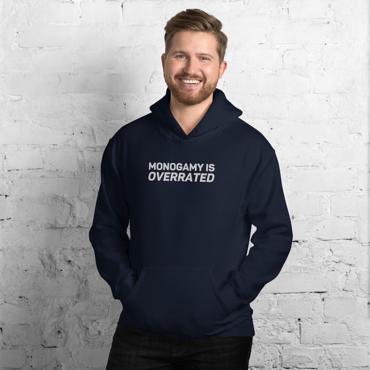 polyamory hoodie, statement polyamorous pride embroidered hooded sweatshirt, model 1