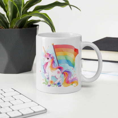 LGBTQ mug, cute rainbow unicorn coffee or tea cup on desk