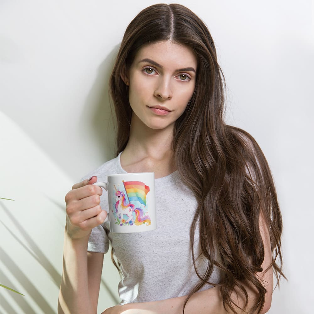 LGBTQ mug, cute rainbow unicorn coffee or tea cup, model