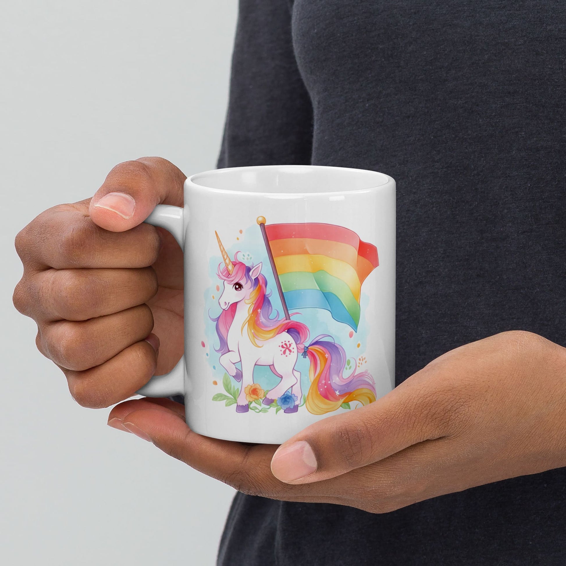 LGBTQ mug, cute rainbow unicorn coffee or tea cup, zoom