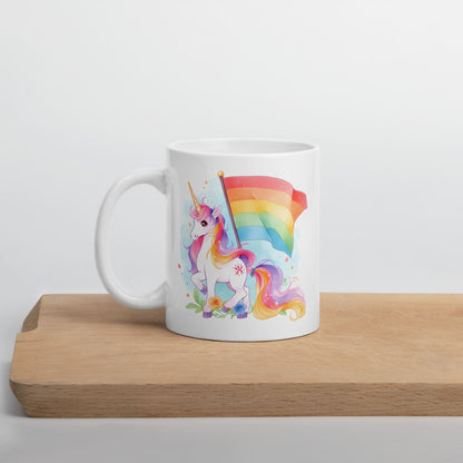 LGBTQ mug, cute rainbow unicorn coffee or tea cup on table