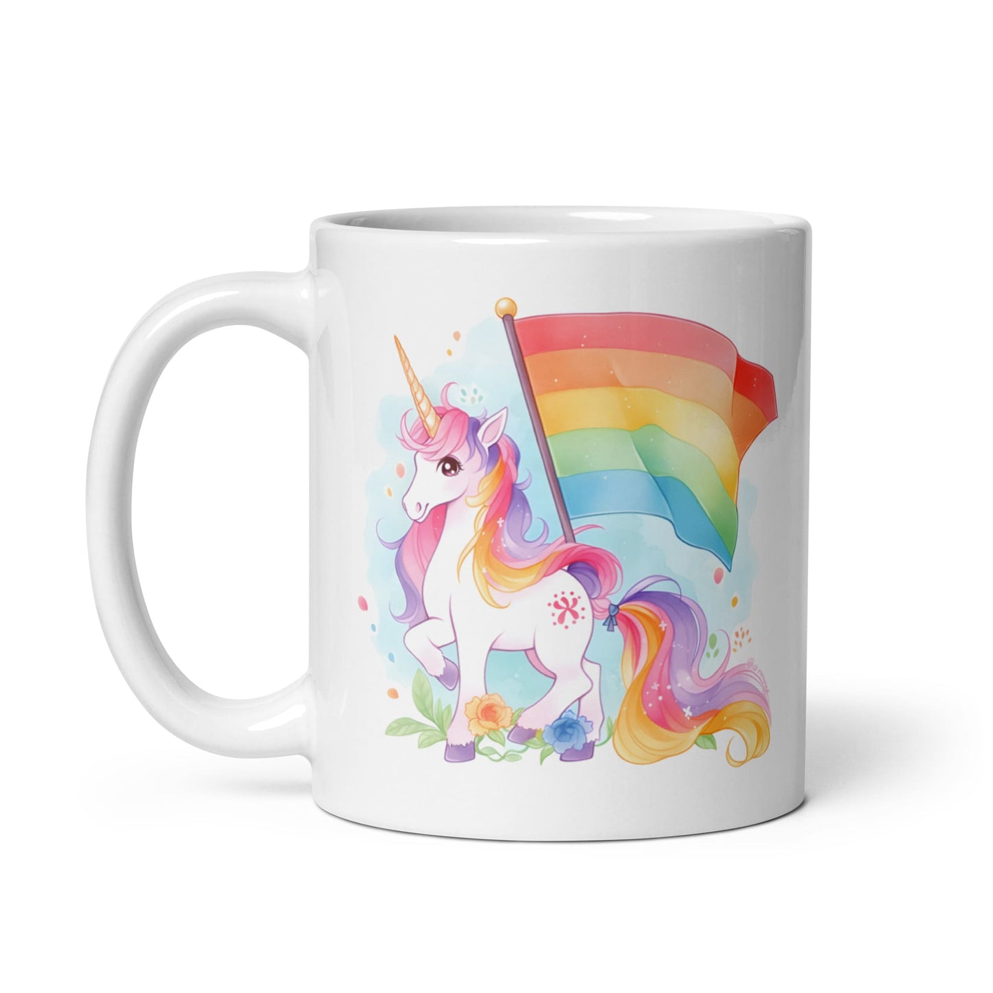 LGBTQ mug, cute rainbow unicorn coffee or tea cup left