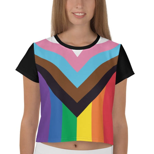 LGBT progress pride crop top, model 1 front