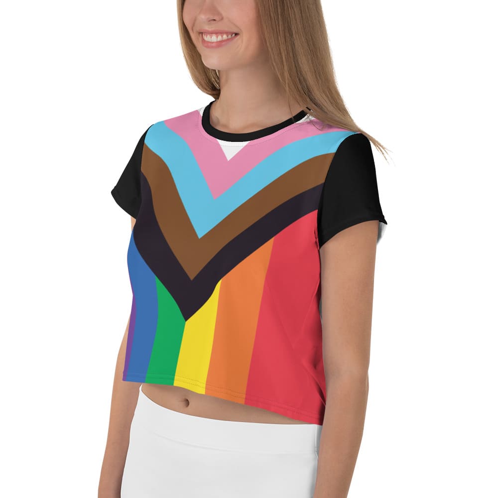 LGBT progress pride crop top, model 1 left