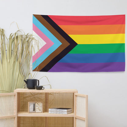 Progress pride flag wall tapestry, in use