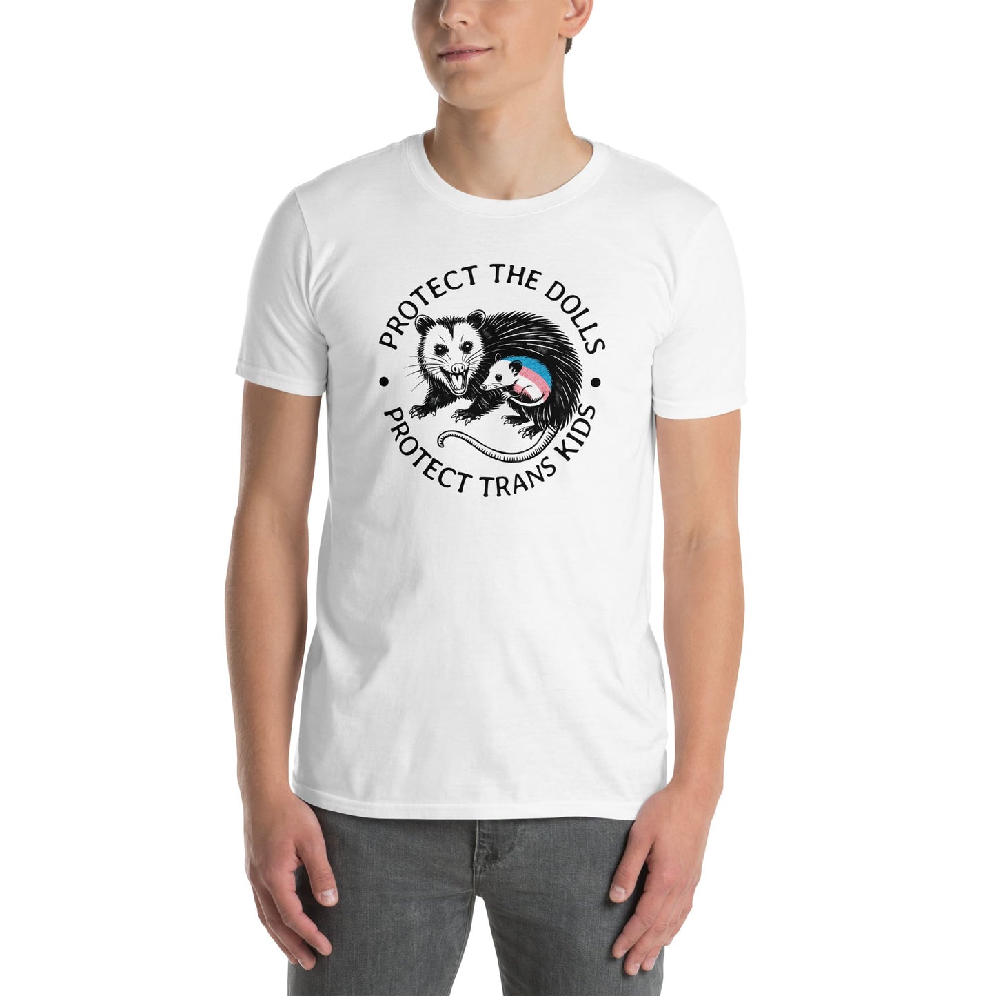Person wearing a white t-shirt with a graphic and text on a white background: Protect The Dolls Shirt, Protect Trans Kids Tee, Transgender Pride T-Shirt, Unhinged Opossum Fighting Trans Rights Shirt, MTF Femme Mom Gift
