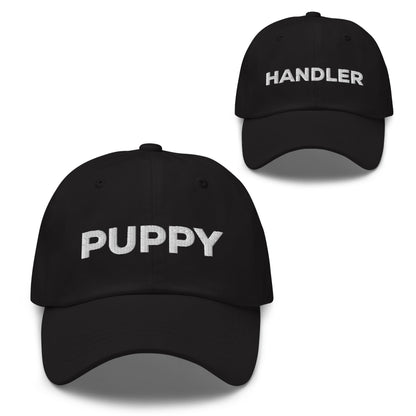 puppy pride and handler hats, matching embroidered pup play pride caps