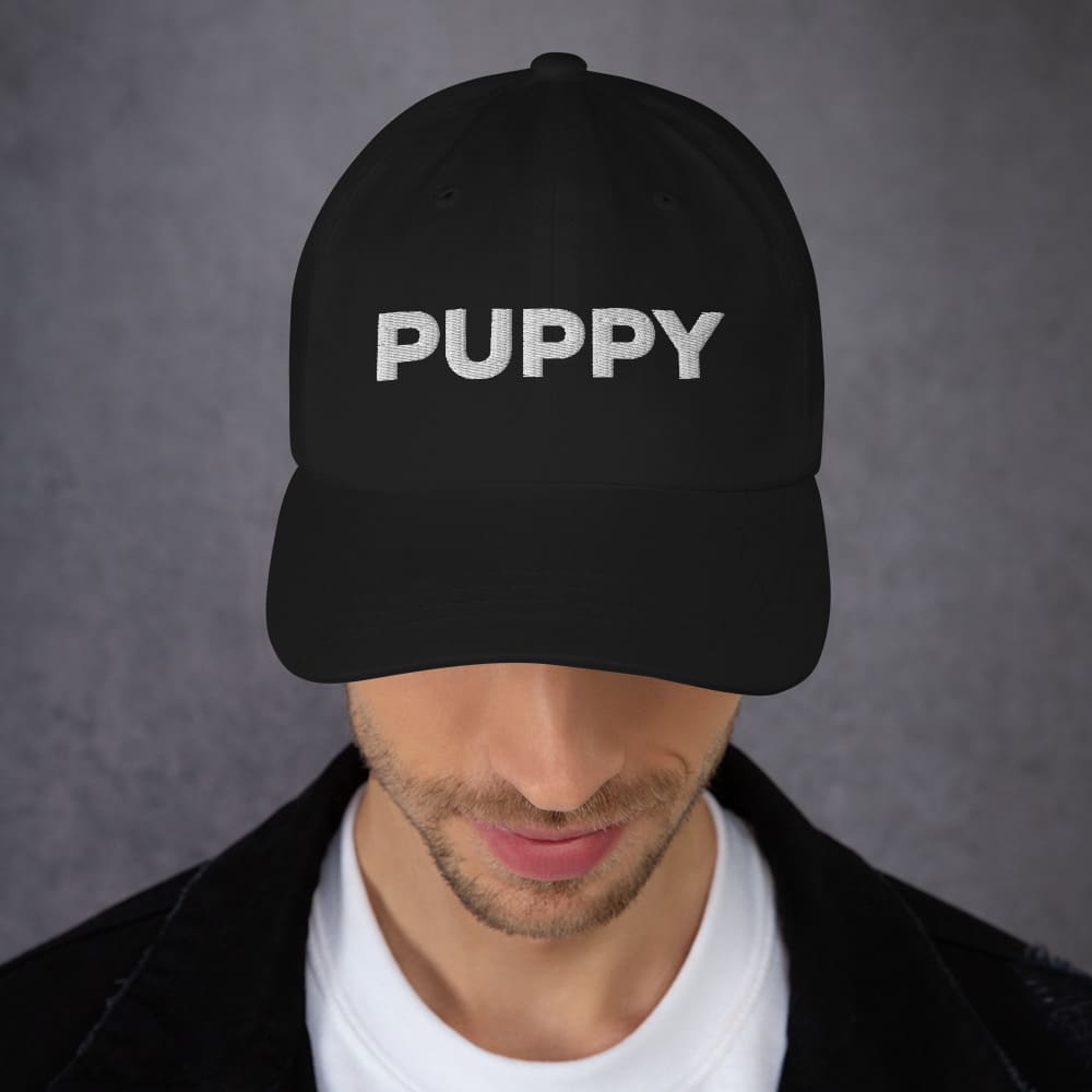 puppy pride and handler hats, matching embroidered pup play pride caps, model 1 puppy