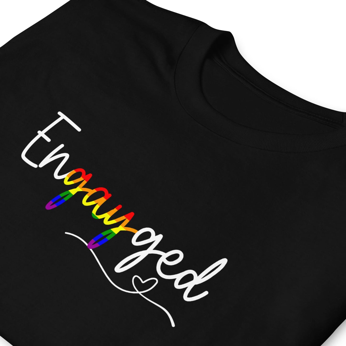 Black gay engagement t-shirt with 'Engaged' text in rainbow colors and a heart symbol.