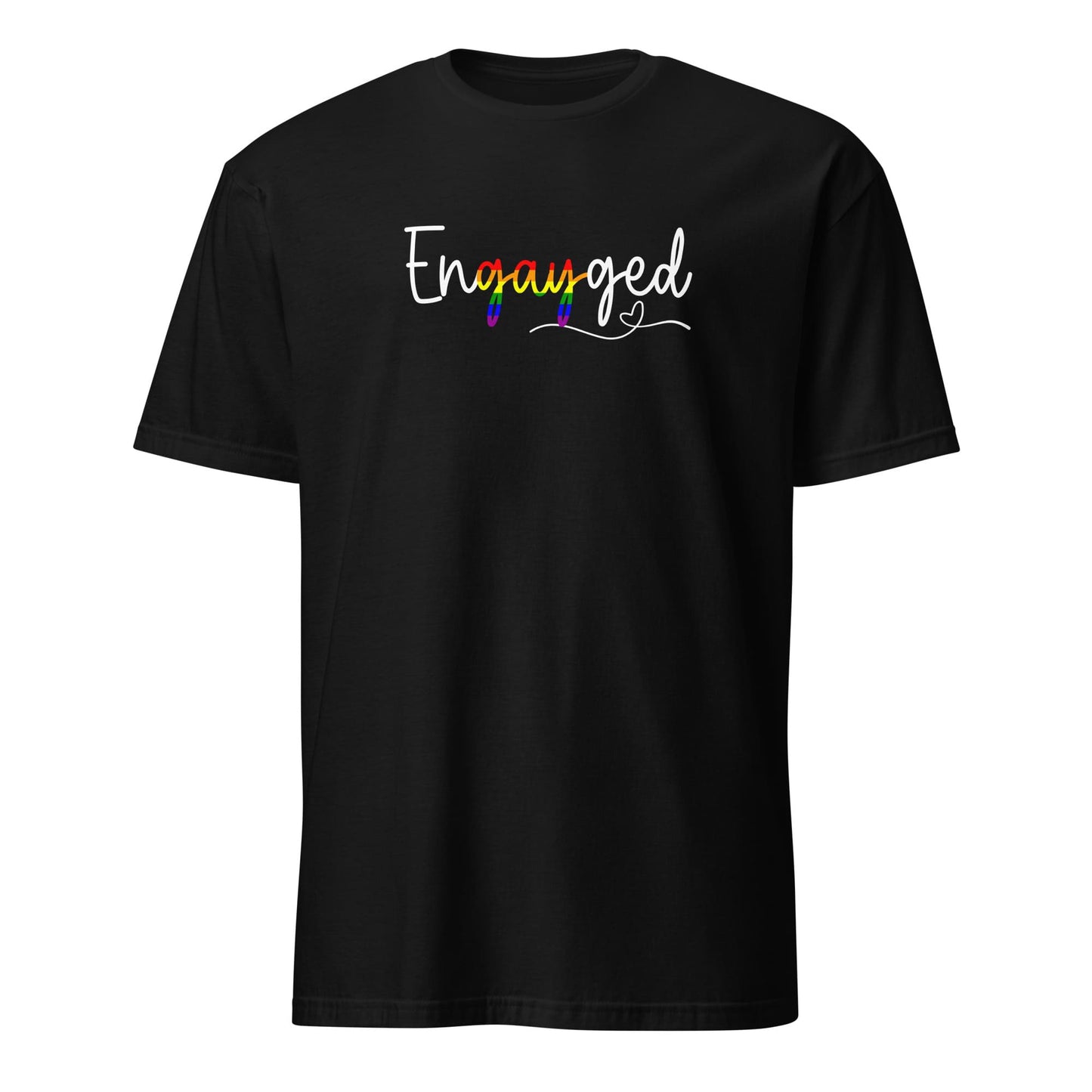 Black queer engagement annoucement t-shirt with 'Engayged' text on a white background