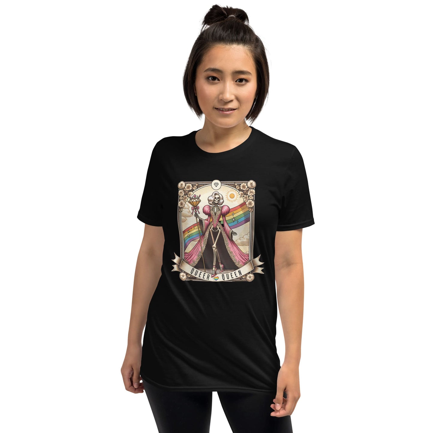 Person wearing a black t-shirt with a colorful graphic design on a white background: LGBTQ Queer Queen Shirt, Spooky Gay Skeleton Tarot Card Tee, Whimsical Goth LGBT Pride T-Shirt, Witchy Vibes Tshirt, Funny Occult Gift