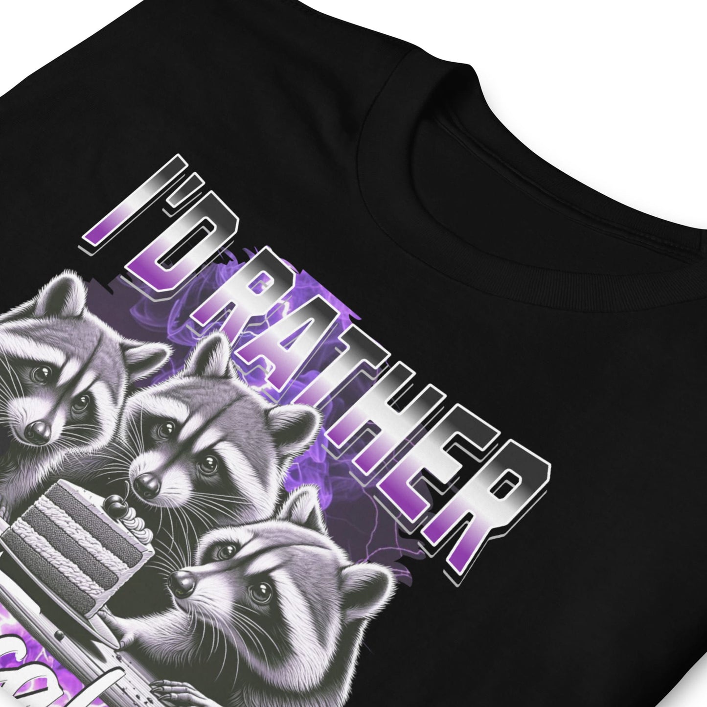 Black ace pride t-shirt with y2k bootleg raccoon graphic and 'I'd rather eat cake' text on a white background
