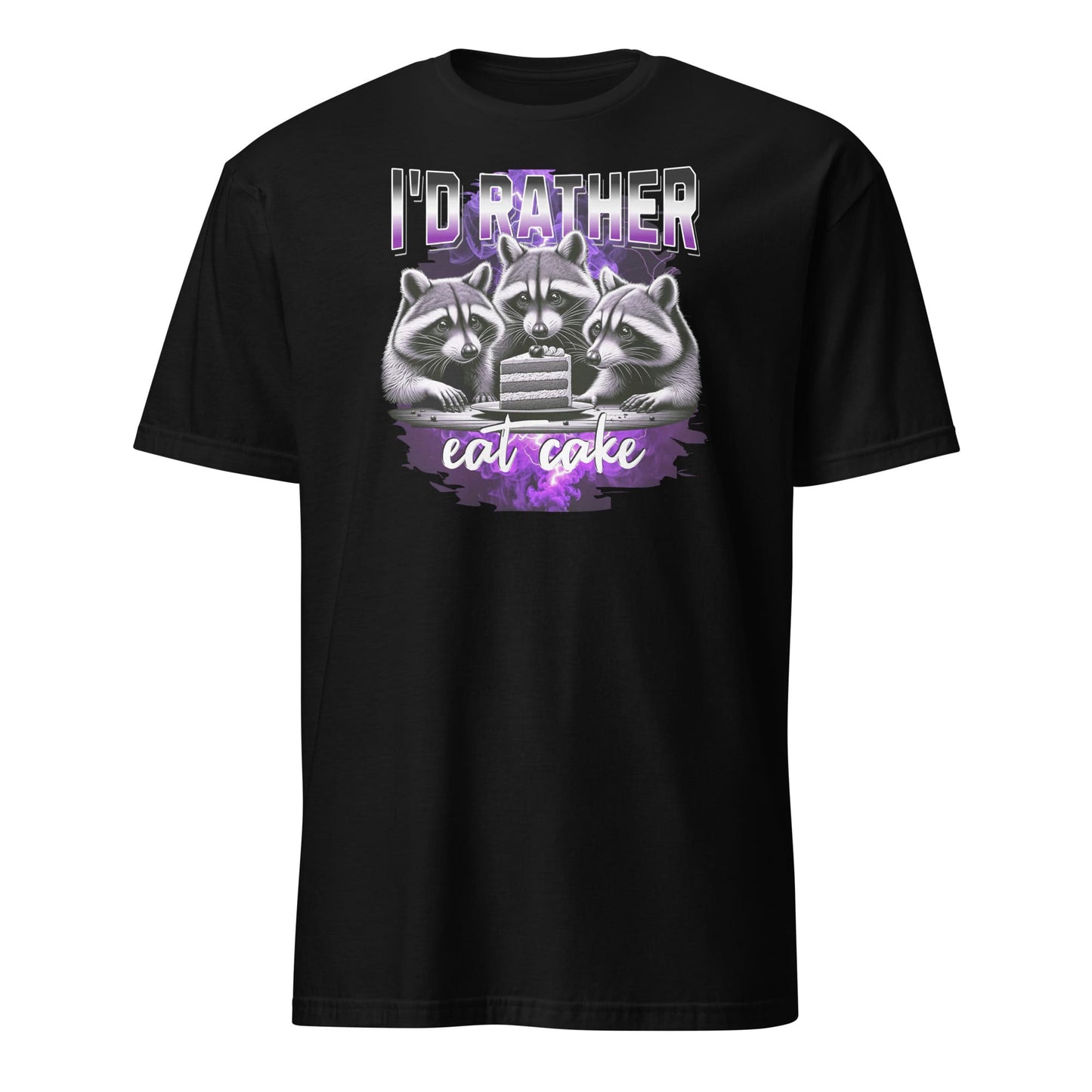 Black y2k bootleg t-shirt with asexual accoon graphic and text 'I'd rather eat cake' on a white background