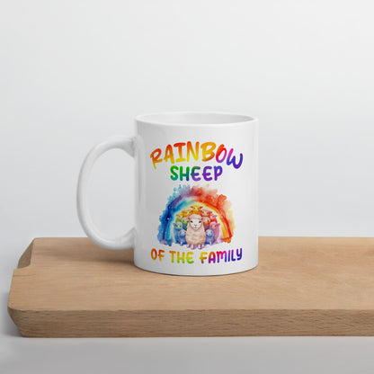 LGBTQ pride mug, rainbow sheep of the family coffee or tea cup on table