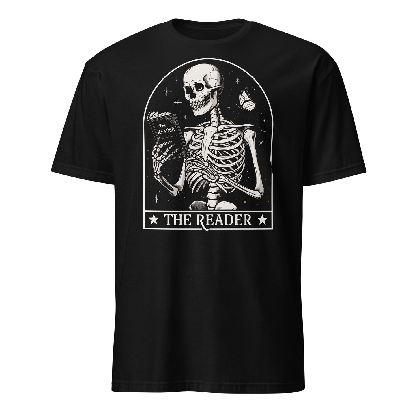 Black t-shirt with a skeleton reading a book design on a white background
