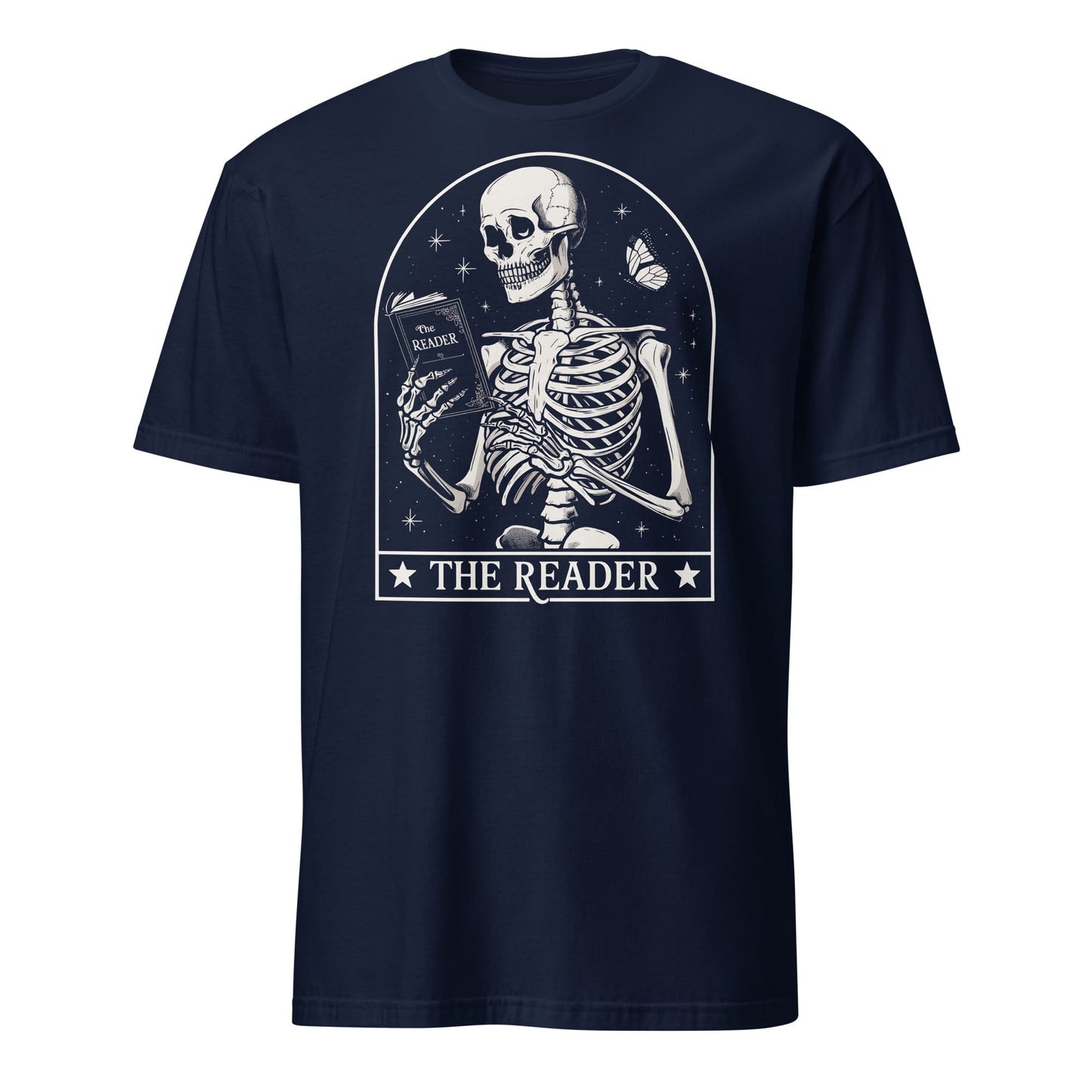 Navy blue t-shirt with a skeleton reading a book graphic and 'The Reader' text on a white background