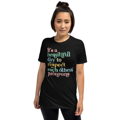 non binary shirt, respect pronouns tee, model 2