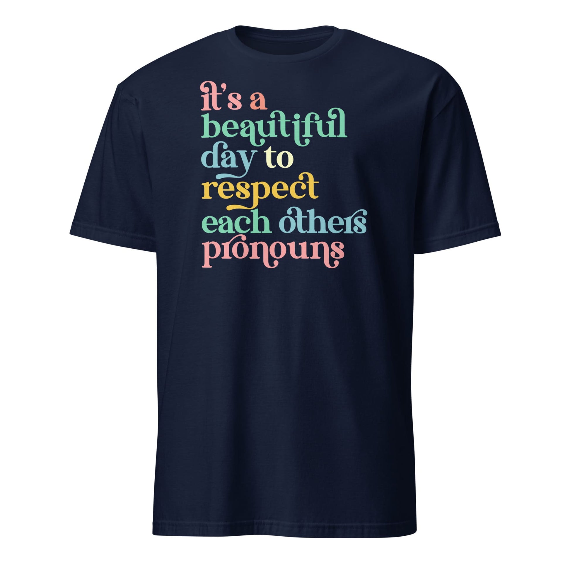 non binary shirt, respect pronouns tee, navy