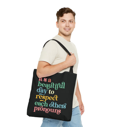 non binary tote bag, respect pronouns bag, large