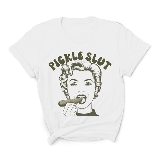 White t-shirt with graphic design of a woman eating a pickle and text 'Pickle Slut' on a white background