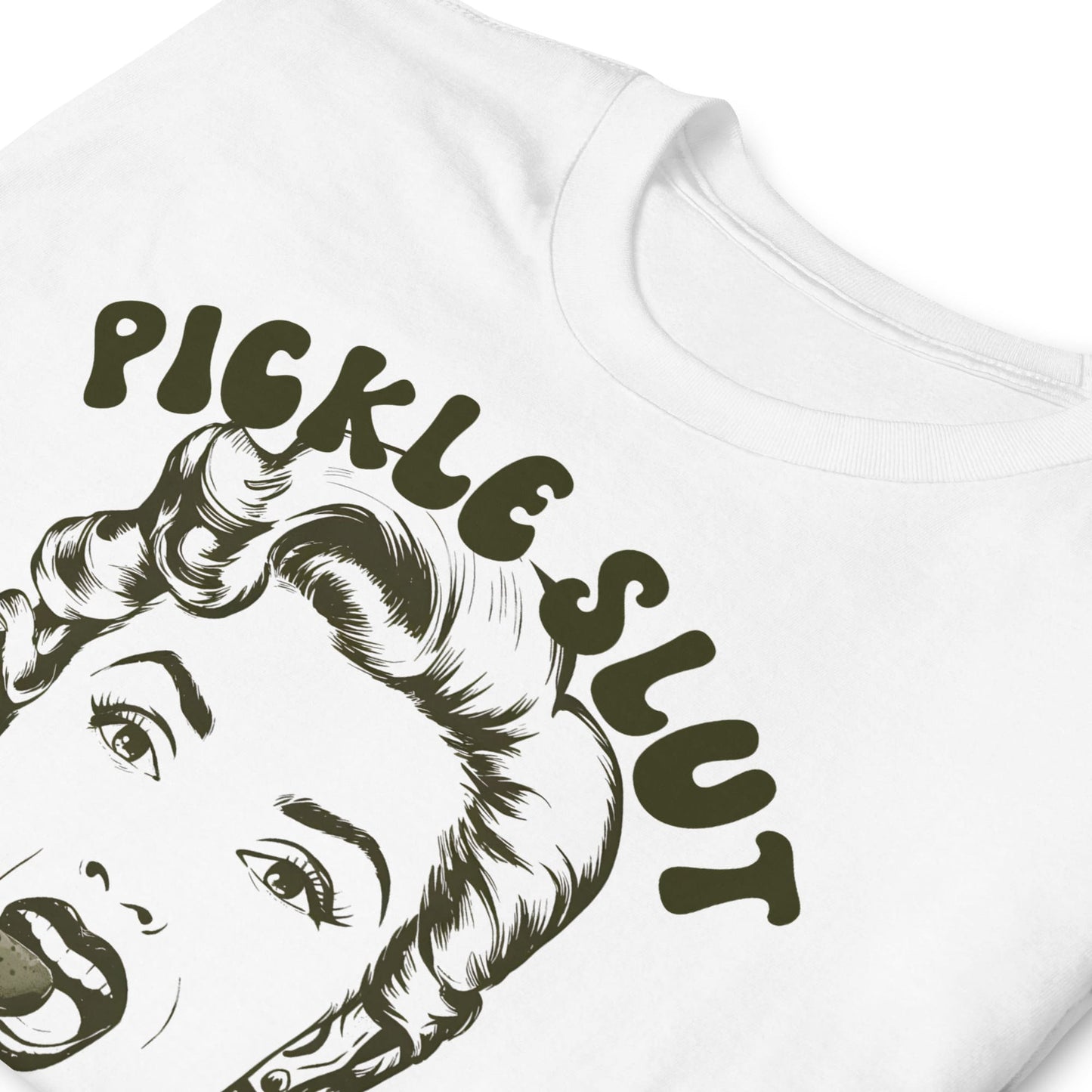 White t-shirt with graphic design of a face and 'Pickle Slut' text on a white background