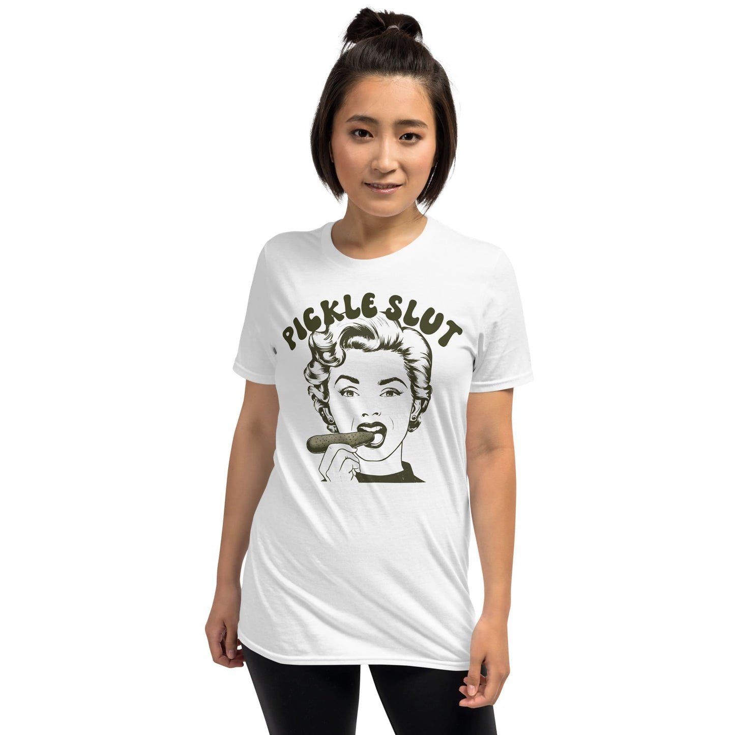 Person wearing a white t-shirt with graphic design and text
