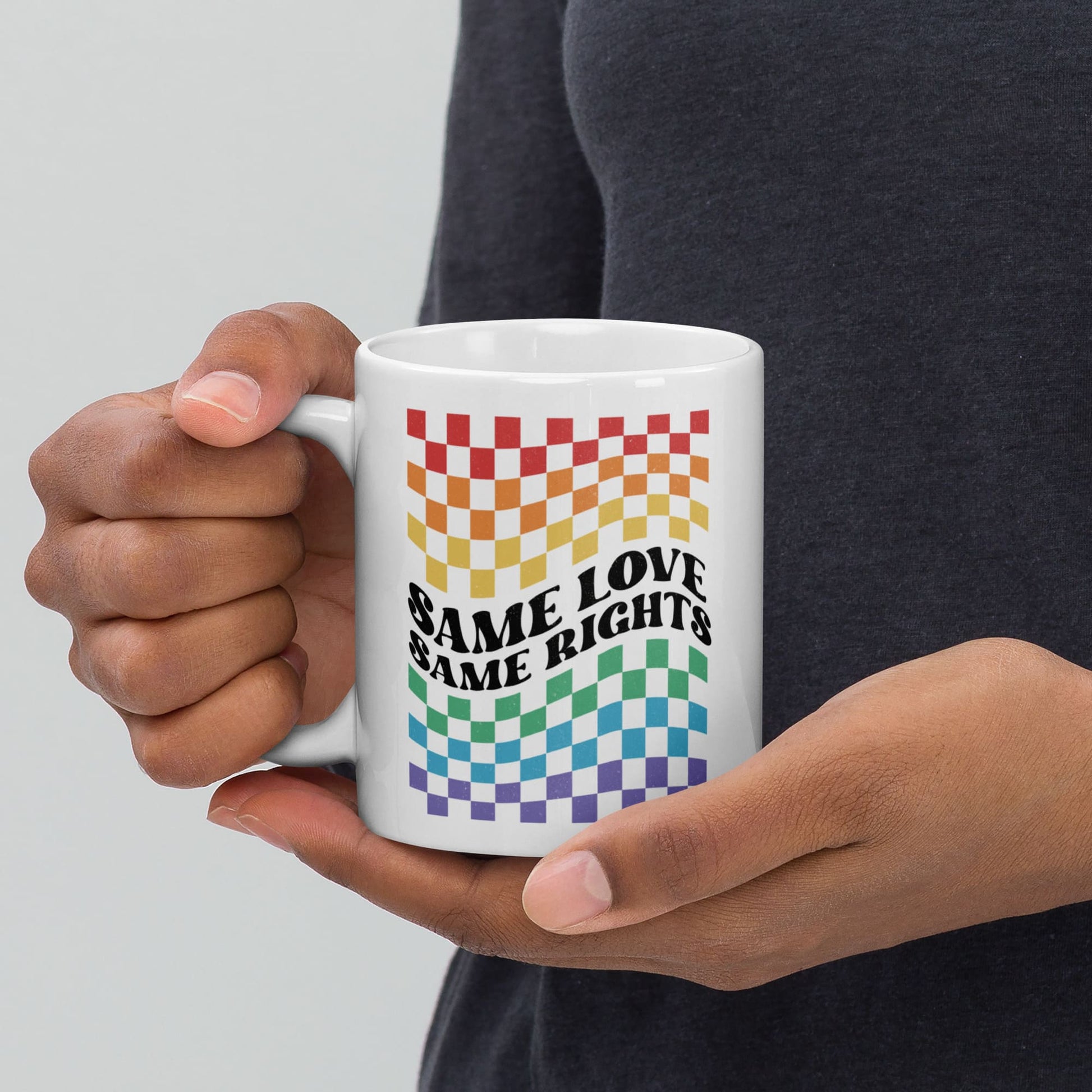 LGBTQ mug, same love same rights pride coffee or tea cup on hands