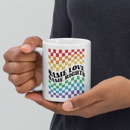 LGBTQ mug, same love same rights pride coffee or tea cup on hands