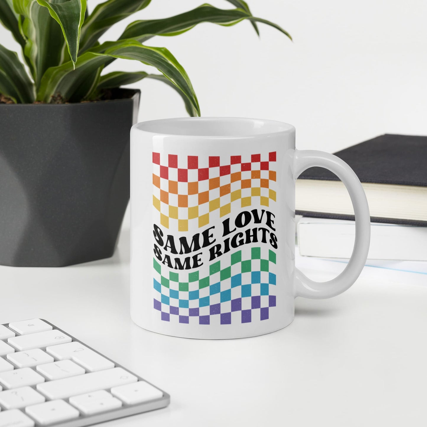 LGBTQ mug, same love same rights pride coffee or tea cup on desk