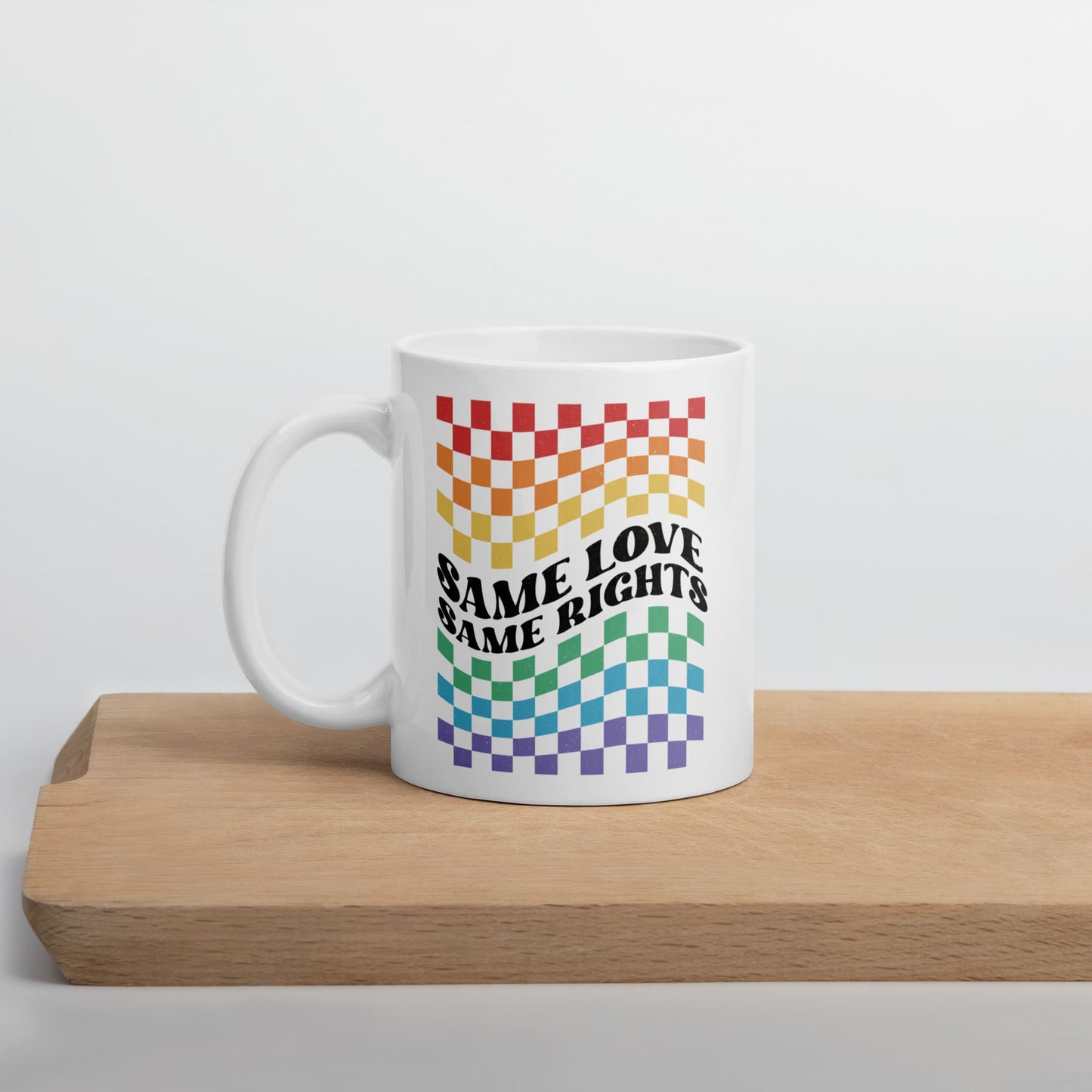 LGBTQ mug, same love same rights pride coffee or tea cup on table