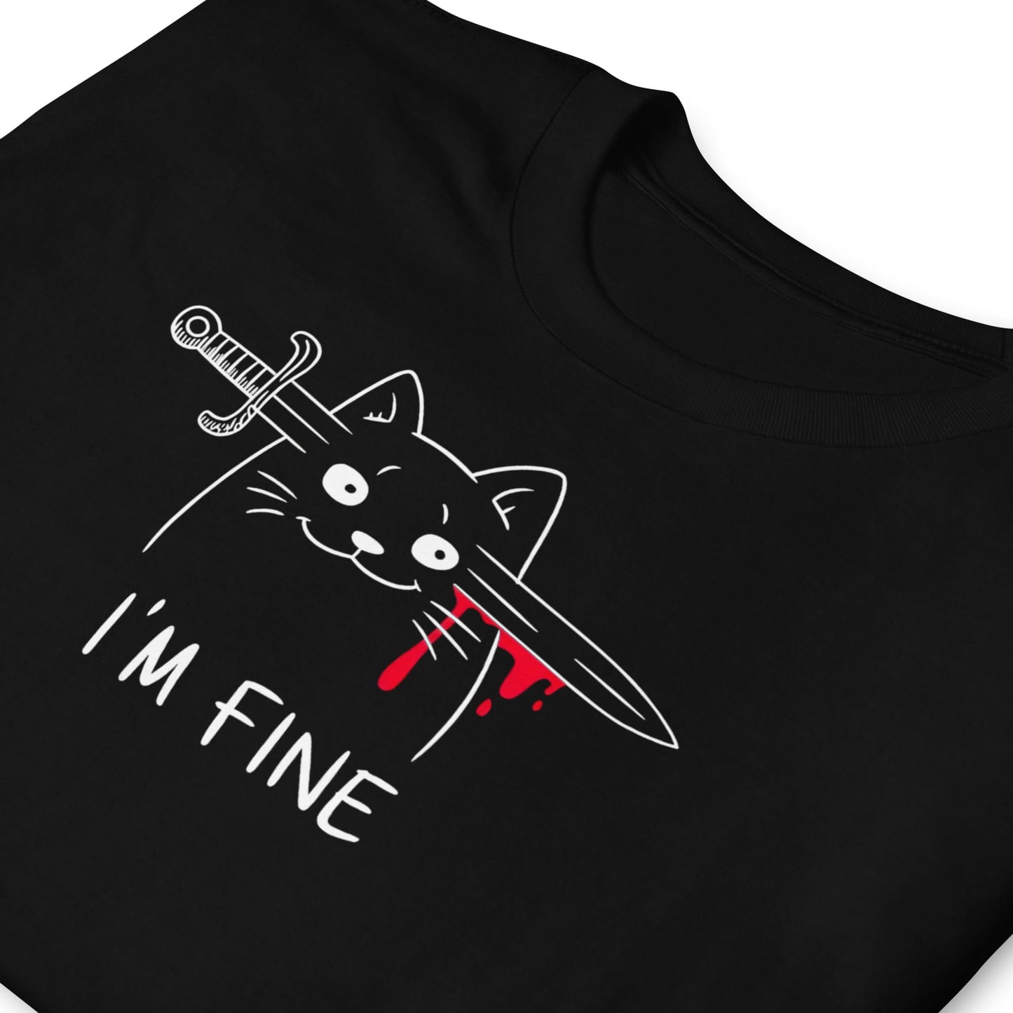 Black t-shirt with a graphic of a cat holding a sword and 'I'm Fine' text on a white background: I'm Fine Cat Shirt, Sarcastic Mental Health Tee, Creepy Cute T-Shirt, Dark Humor Emo Gift, Funny Morbid Overstimulated Aesthetic