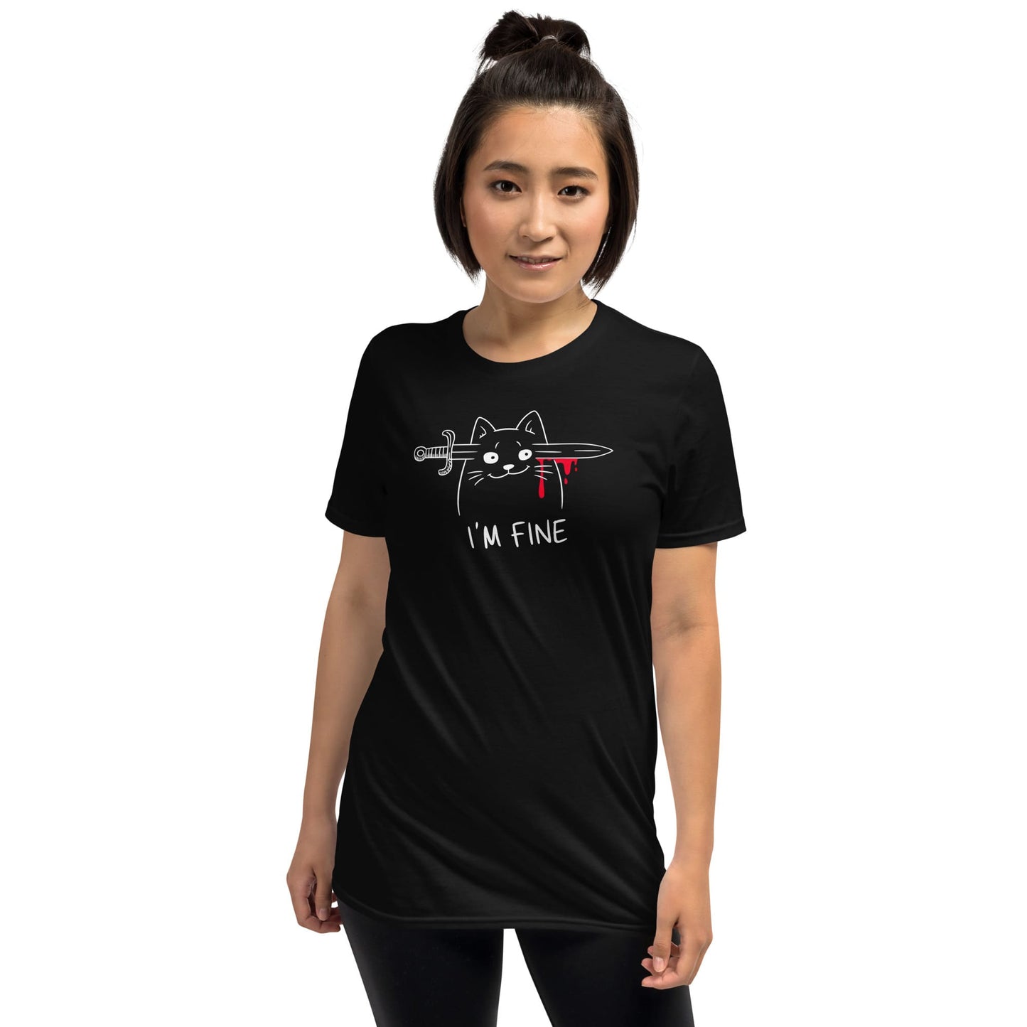 Person wearing a black t-shirt with a cat graphic and 'I'm fine' text on a white background: I'm Fine Cat Shirt, Sarcastic Mental Health Tee, Creepy Cute T-Shirt, Dark Humor Emo Gift, Funny Morbid Overstimulated Aesthetic