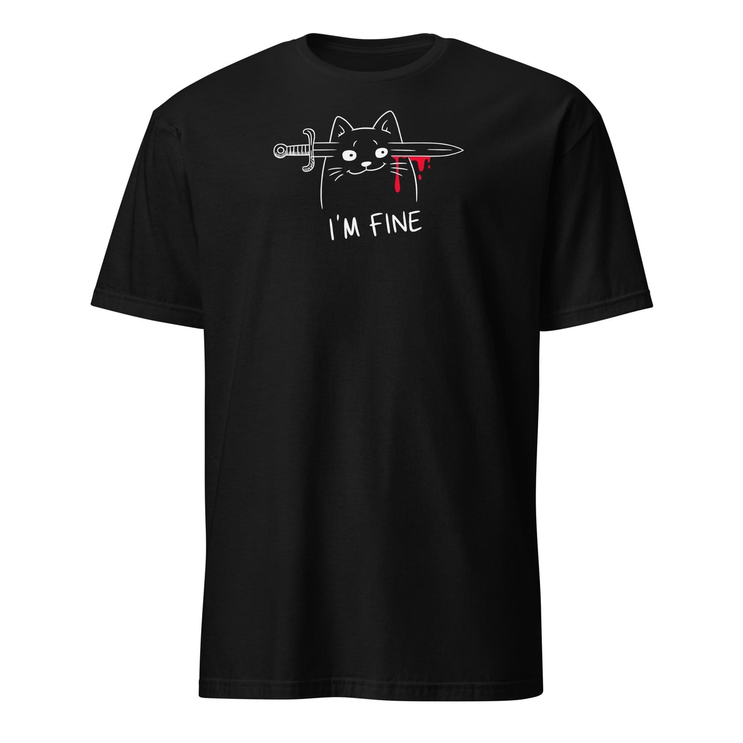 Black t-shirt with a graphic of a cat holding a sword and the text 'I'm Fine' on a white background: I'm Fine Cat Shirt, Sarcastic Mental Health Tee, Creepy Cute T-Shirt, Dark Humor Emo Gift, Funny Morbid Overstimulated Aesthetic