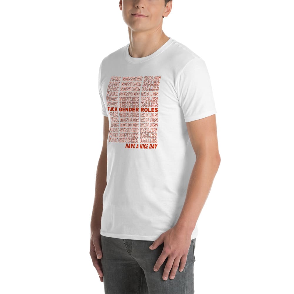 nonbinary shirt, fuck gender roles non cisgender quote, white model