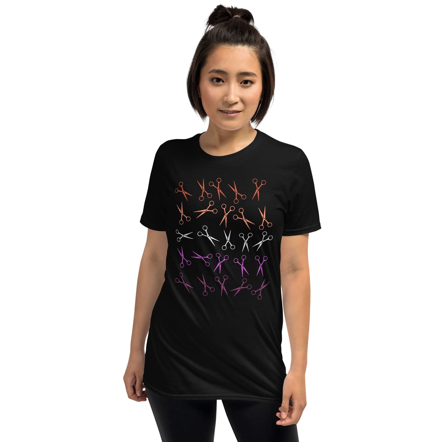 lesbian shirt, funny scissors in sunset flag colors, model 1