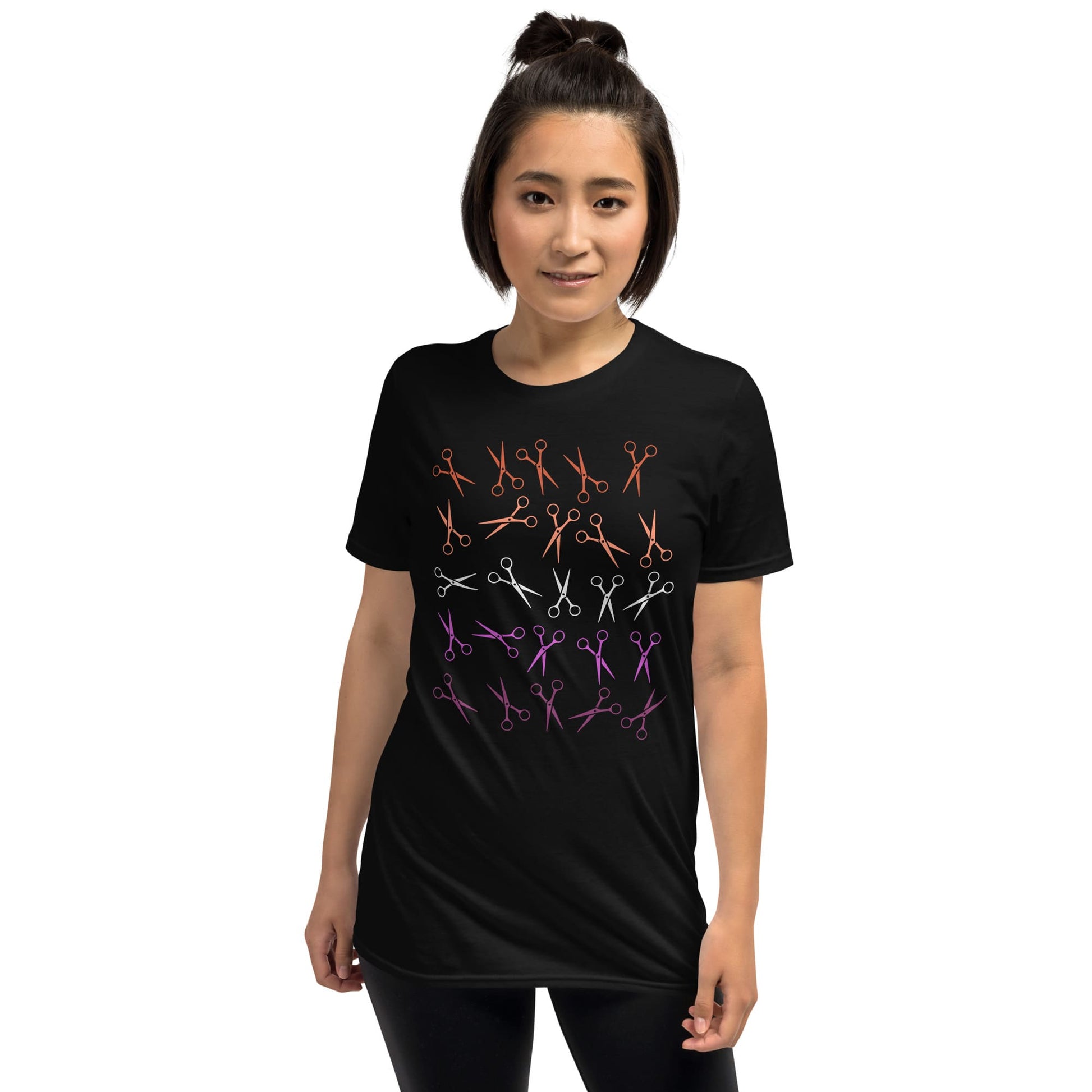 lesbian shirt, funny scissors in sunset flag colors, model 1