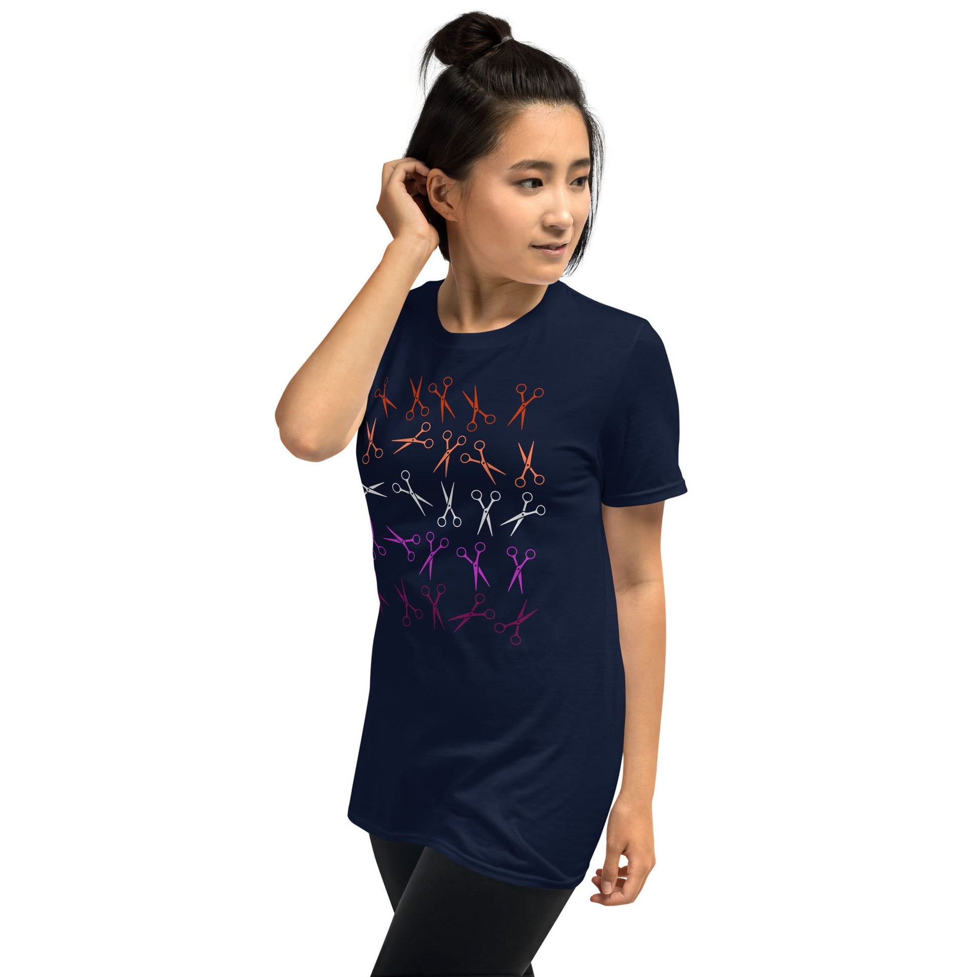 lesbian shirt, funny scissors in sunset flag colors, model 2