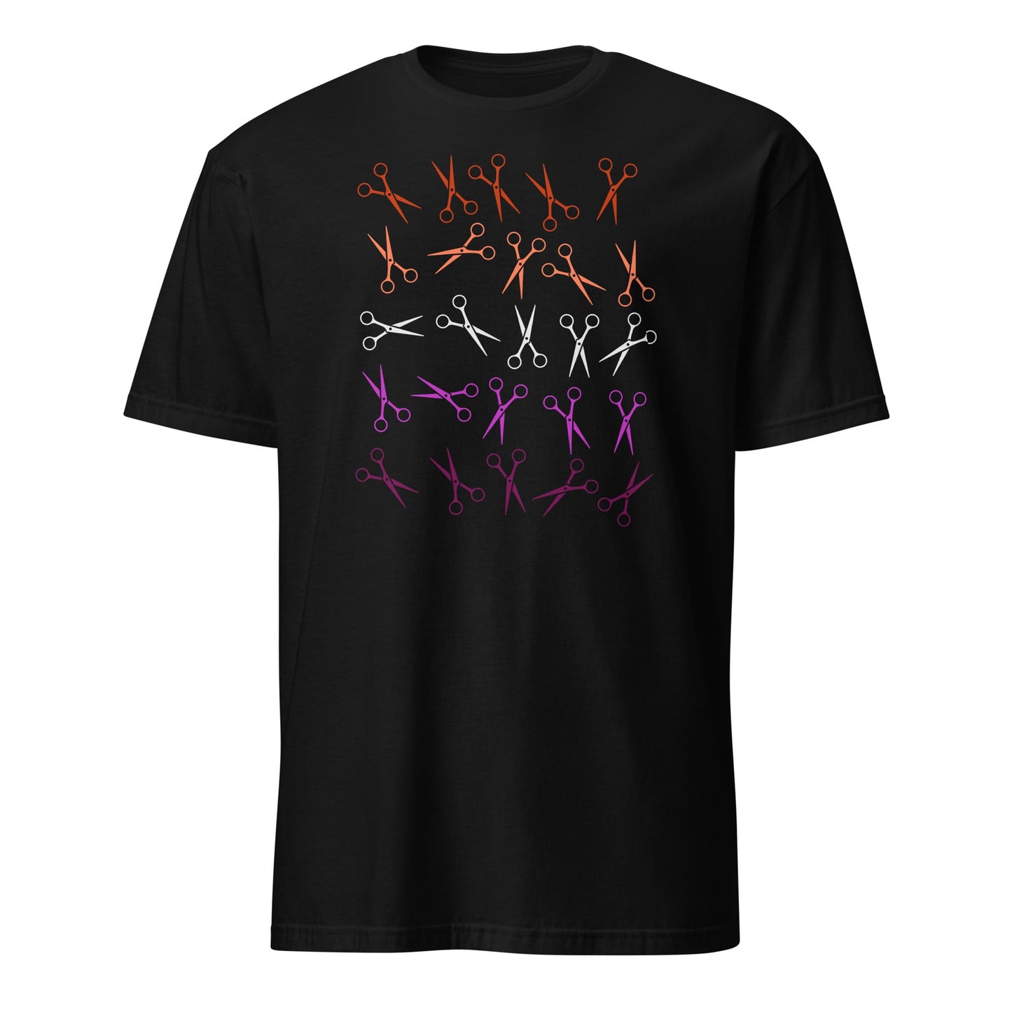 lesbian shirt, funny scissors in sunset flag colors, black