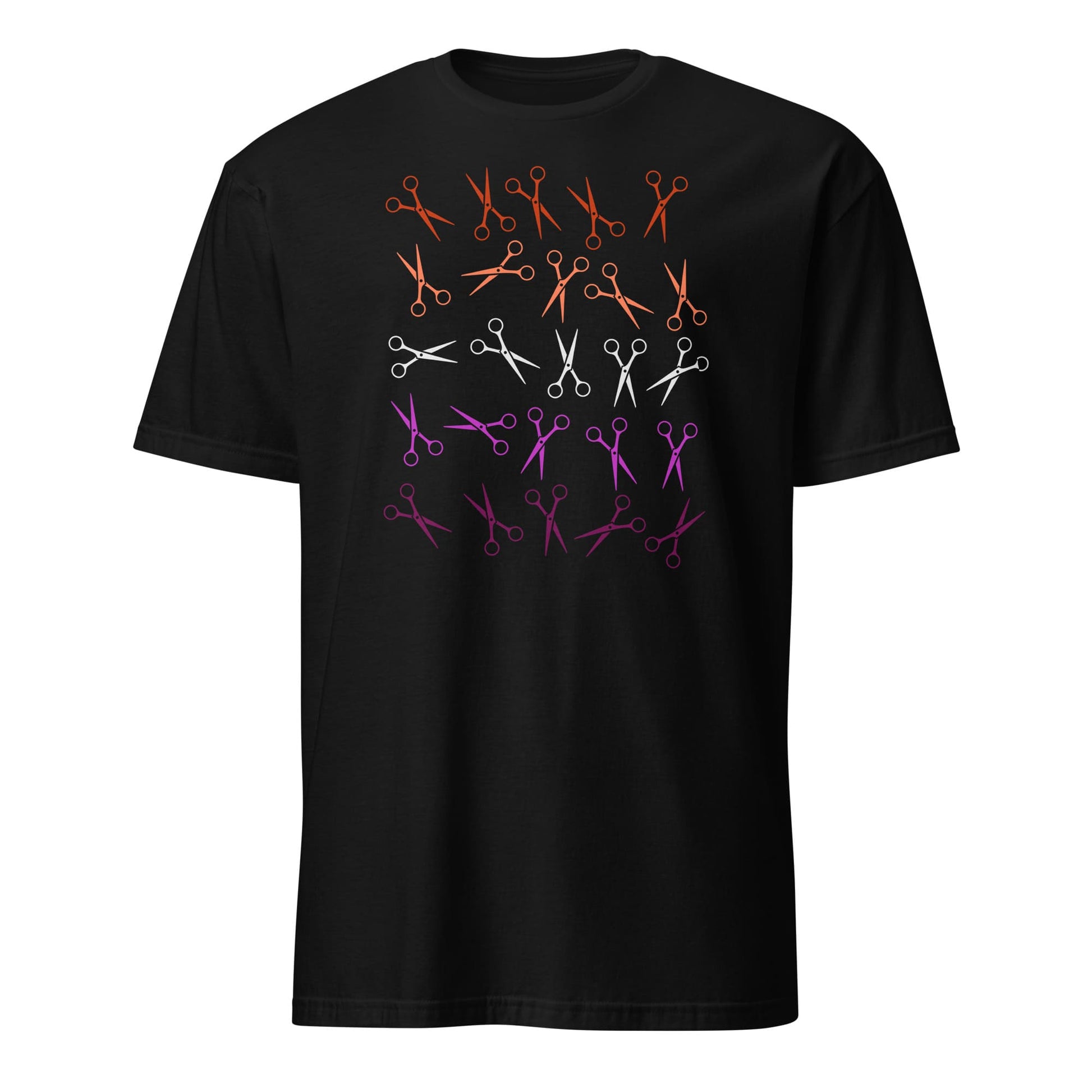 lesbian shirt, funny scissors in sunset flag colors, black