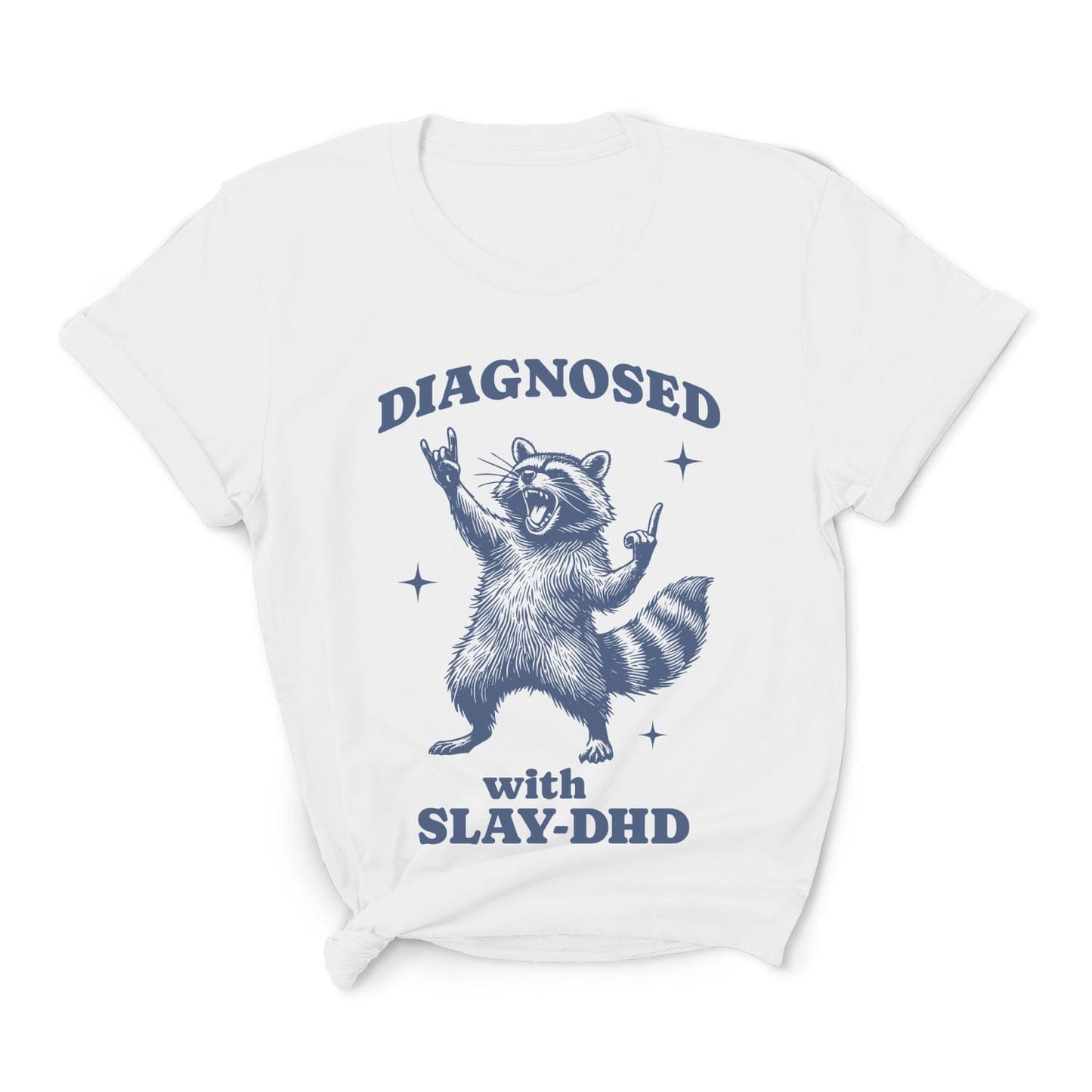 White t-shirt with a raccoon graphic and text on a white background: Funny ADHD Shirt, Unhinged Raccoon Tee, Dumb Y2K meme Neurodivergent T-Shirt, Neurospicy Gift For AuDHD, Mental Health Awareness