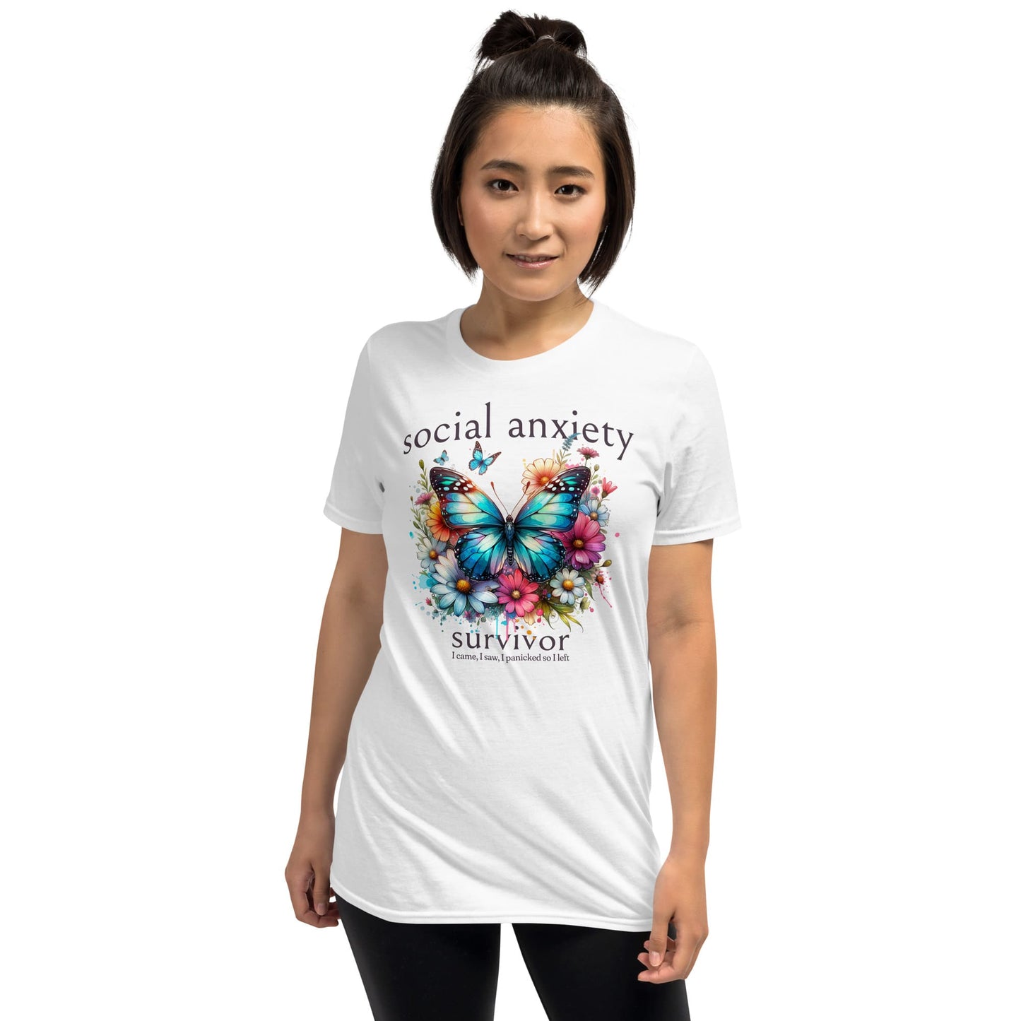 Person wearing a white t-shirt with a colorful butterfly graphic and text on a white background: Social Anxiety Shirt, Funny Socially Awkward Tee, Wildflowers Butterfly Neurodivergent T-Shirt, Neurospicy Gift For Autistic, Autism Gift