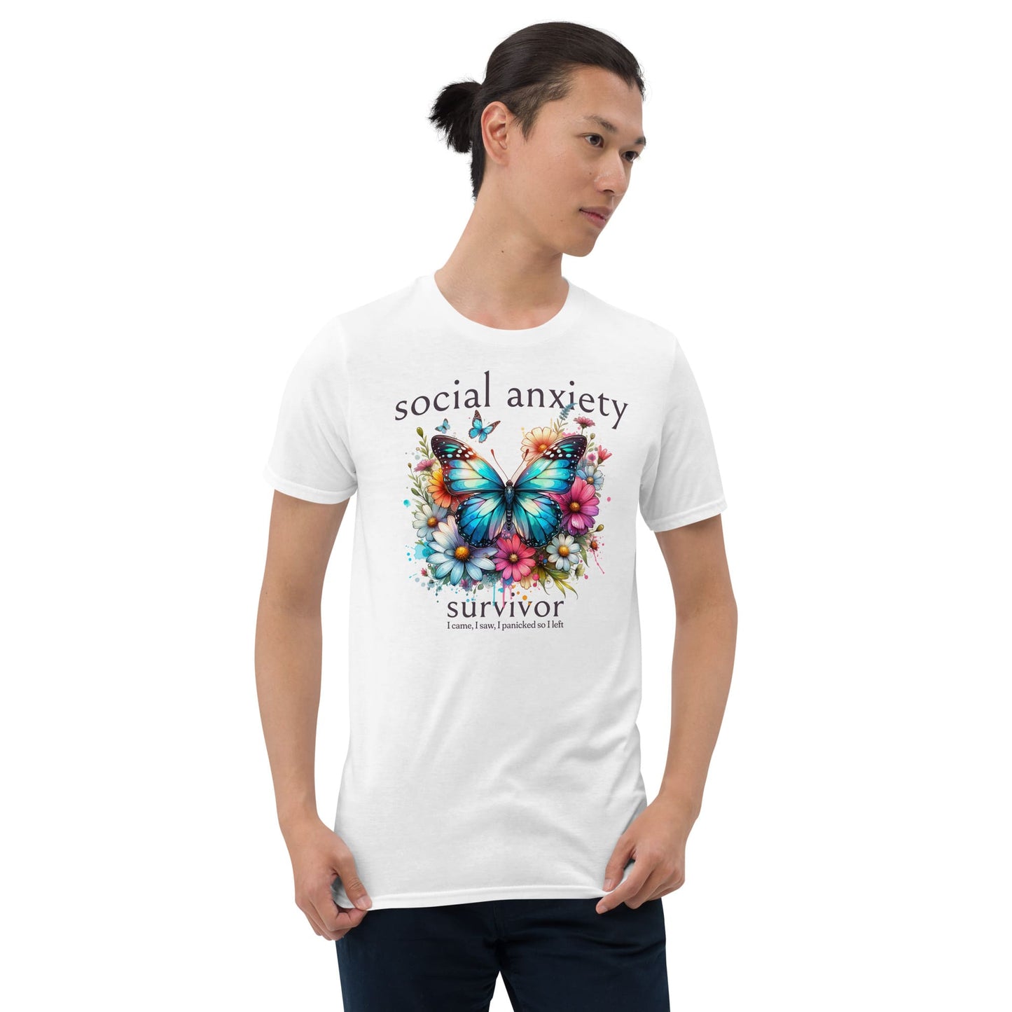Person wearing a white t-shirt with a colorful butterfly graphic and text on a white background: Social Anxiety Shirt, Funny Socially Awkward Tee, Wildflowers Butterfly Neurodivergent T-Shirt, Neurospicy Gift For Autistic, Autism Gift