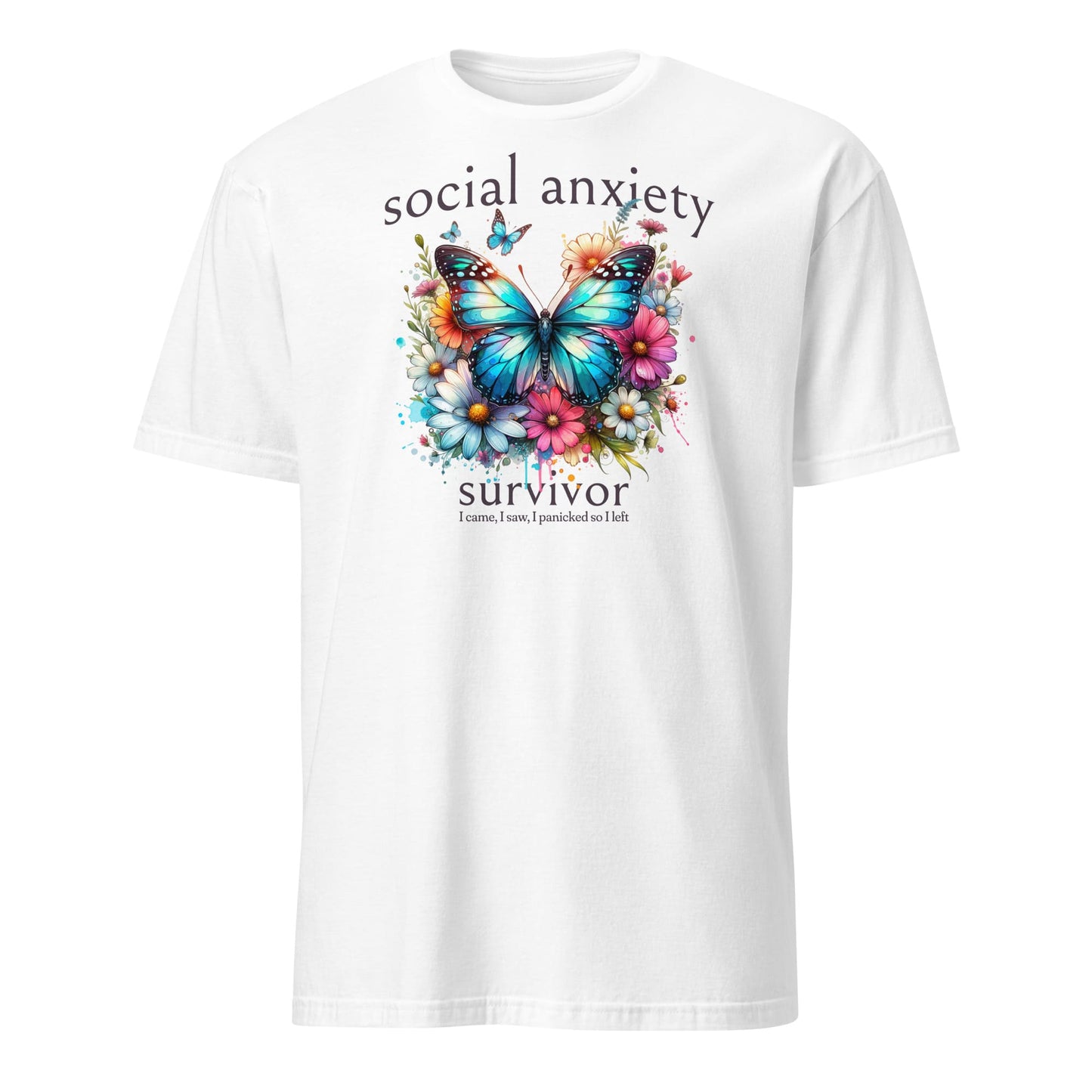 White t-shirt with a colorful butterfly and floral design, and text 'social anxiety survivor' on a white background: Social Anxiety Shirt, Funny Socially Awkward Tee, Wildflowers Butterfly Neurodivergent T-Shirt, Neurospicy Gift For Autistic, Autism Gift