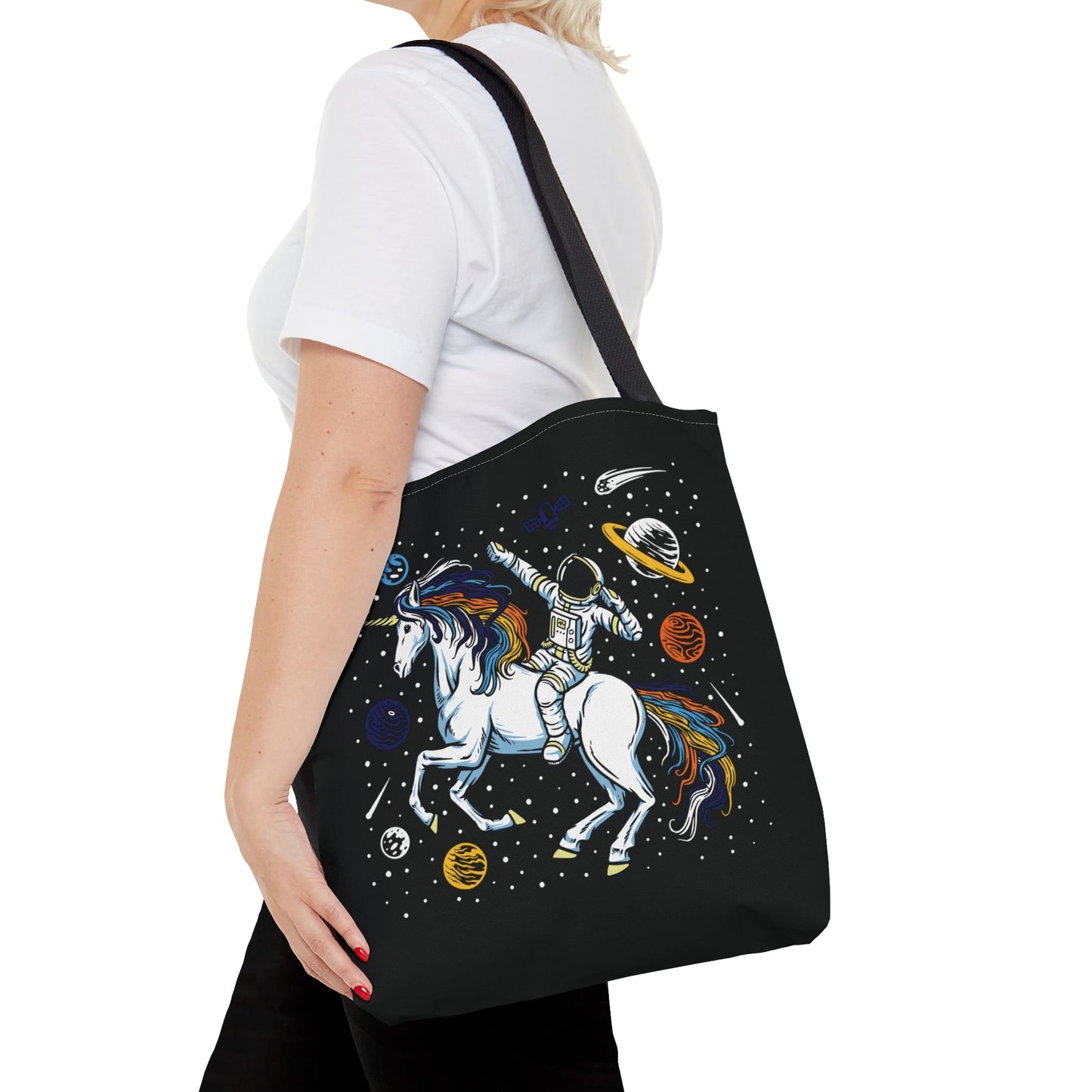 aroace tote bag, astronaut in space riding unicorn aro ace pride, medium
