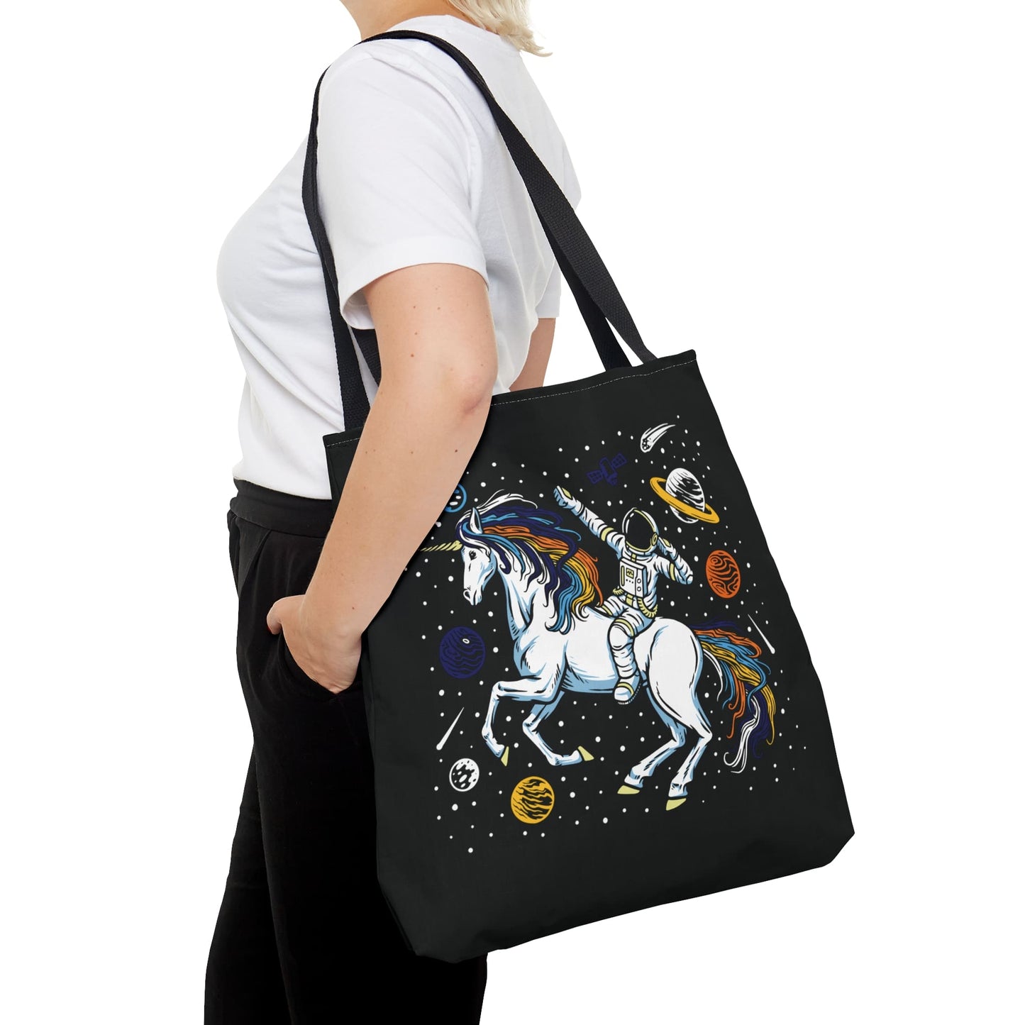 aroace tote bag, astronaut in space riding unicorn aro ace pride, large